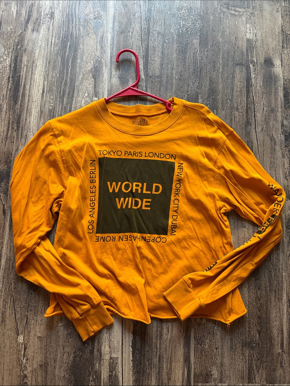Mighty Fine Yellow Graphic 'WORLD WIDE' Long Sleeve crop Tee